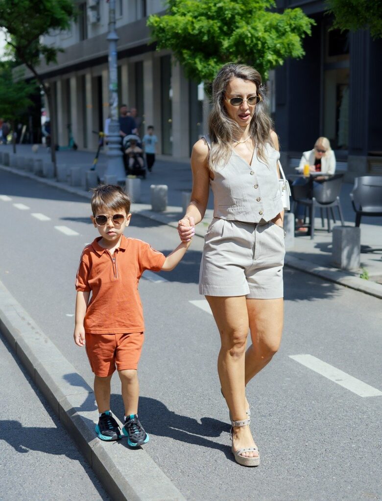 people, woman, mother, casual, child, little boy, walking, together, street, bike lane, urban, recreation, lifestyle